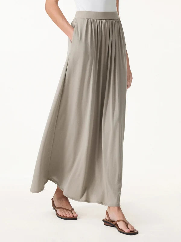 Tencel-Linen Soft Knit Gathered A-Line Maxi Skirt with Side Pockets
