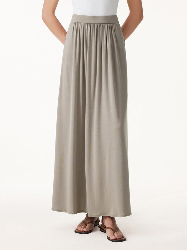 Tencel-Linen Soft Knit Gathered A-Line Maxi Skirt with Side Pockets
