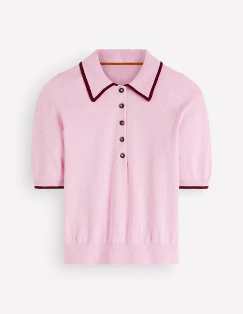 Contrast Trim Collared Knit Short Sleeve Top