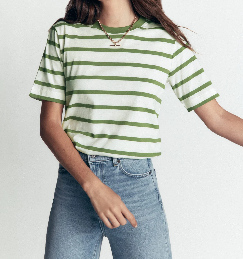 Relaxed Cotton Striped T-shirt - Safari Green and Ivory Stripe