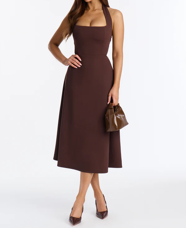 Alena Halter Midi Dress – Chocolate